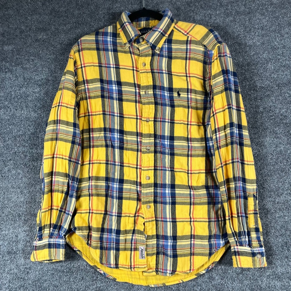 VTG Ralph Lauren Shirt Mens Medium Yellow Flannel Plaid Long Sleeve Button Down